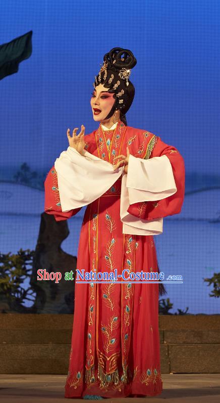 Chinese Cantonese Opera Young Female Garment Legend of Lun Wenxu Costumes and Headdress Traditional Guangdong Opera Hua Tan Apparels Rich Lady Red Dress