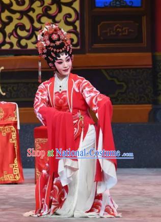 Chinese Cantonese Opera Actress San Niang Garment Liu Yi Delivers A Letter Costumes and Headdress Traditional Guangdong Opera Dragon Princess Bride Red Dress