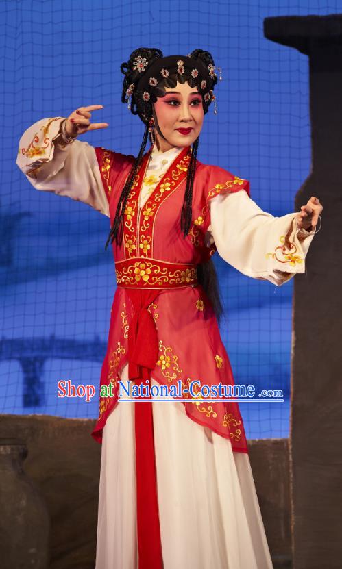 Chinese Cantonese Opera Maid Lady A Xiu Garment Legend of Lun Wenxu Costumes and Headdress Traditional Guangdong Opera Xiaodan Apparels Servant Girl Red Dress