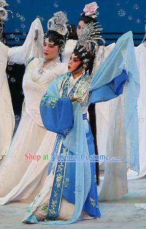 Chinese Cantonese Opera Actress Xi Shi Garment Meng Hui Tai Hu Costumes and Headdress Traditional Guangdong Opera Diva Apparels Young Beauty Blue Dress