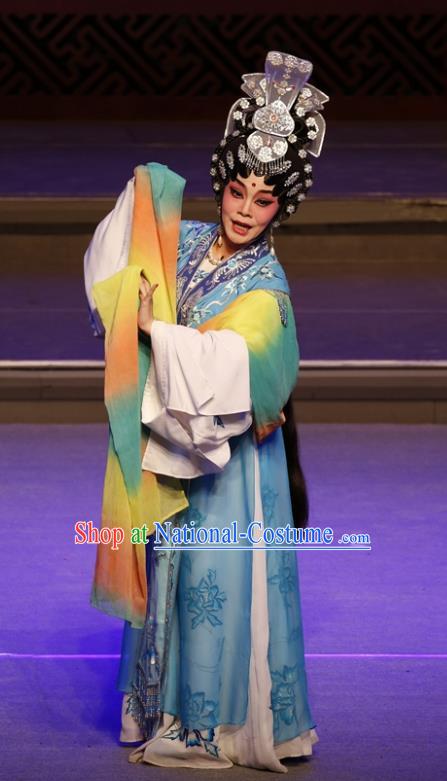 Chinese Cantonese Opera Young Beauty Blue Garment Meng Hui Tai Hu Costumes and Headdress Traditional Guangdong Opera Diva Apparels Actress Xi Shi Dress