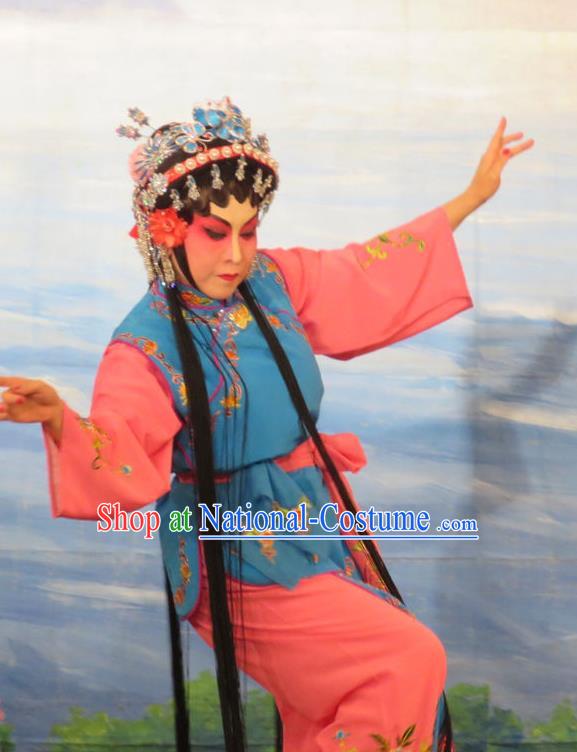 Chinese Cantonese Opera Xiaodan Chun Lan Garment Hua Tian Ba Xi Hairpin Costumes and Headdress Traditional Guangdong Opera Young Lady Apparels Maidservant Dress