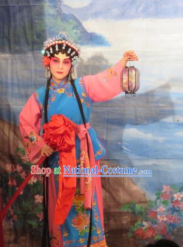 Chinese Cantonese Opera Xiaodan Chun Lan Garment Hua Tian Ba Xi Hairpin Costumes and Headdress Traditional Guangdong Opera Young Lady Apparels Maidservant Dress