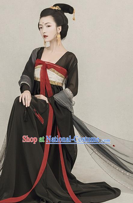 Chinese Traditional Drama Ancient Goddess Black Hanfu Dress Apparels Tang Dynasty Imperial Consort Historical Costumes and Headpieces Complete Set for Women