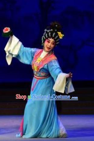 Chinese Cantonese Opera Young Woman Garment Hun Qian Zhu Ji Xiang Costumes and Headdress Traditional Guangdong Opera Actress Apparels Hua Tan Blue Dress