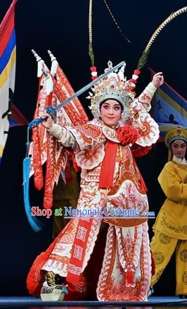 Yuan Yang Sword Chinese Guangdong Opera General Apparels Costumes and Headpieces Traditional Cantonese Opera Martial Male Garment Warrior Qiu Jianghai Kao Clothing with Flags