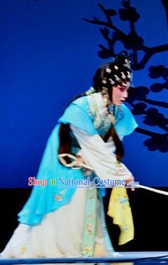 Chinese Cantonese Opera Swordswoman Garment Yuan Yang Sword Costumes and Headdress Traditional Guangdong Opera Hua Tan Apparels Martial Female Qin Huilan Blue Dress