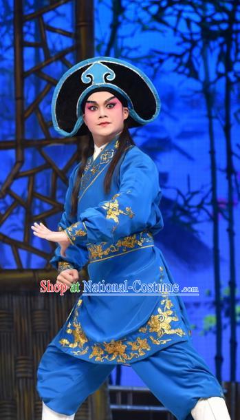 Hun Qian Zhu Ji Xiang Chinese Guangdong Opera Martial Man Apparels Costumes and Headpieces Traditional Cantonese Opera Wusheng Garment Swordsman Blue Clothing