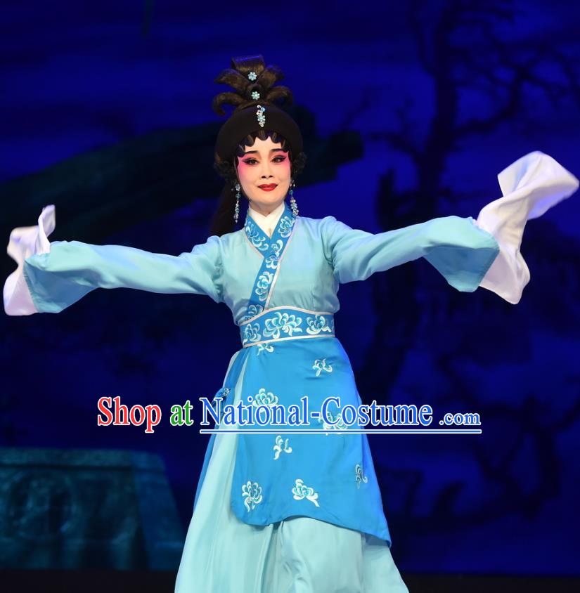 Chinese Cantonese Opera Diva Garment Hun Qian Zhu Ji Xiang Costumes and Headdress Traditional Guangdong Opera Hua Tan Apparels Imperial Concubine Hu Blue Dress