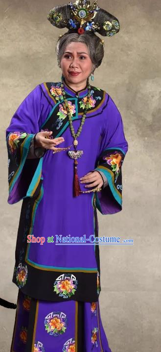 Chinese Cantonese Opera Dame Garment Barwo Guild Costumes and Headdress Traditional Guangdong Opera Elderly Female Apparels Pantaloon Purple Dress