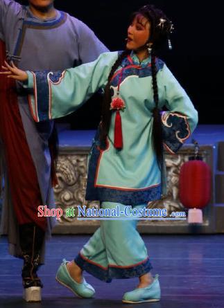 Chinese Cantonese Opera Xiaodan Cui Ping Garment Barwo Guild Costumes and Headdress Traditional Guangdong Opera Young Lady Apparels Maidservant Green Dress