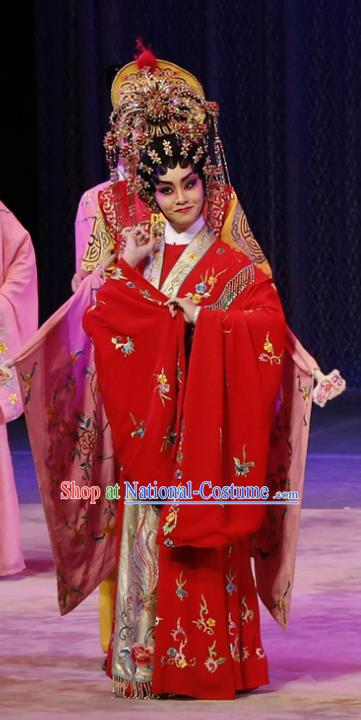 Chinese Cantonese Opera Hua Tan Garment Diao Man Gong Zhu Gan Fu Ma Costumes and Headdress Traditional Guangdong Opera Young Beauty Apparels Princess Fengxia Red Dress