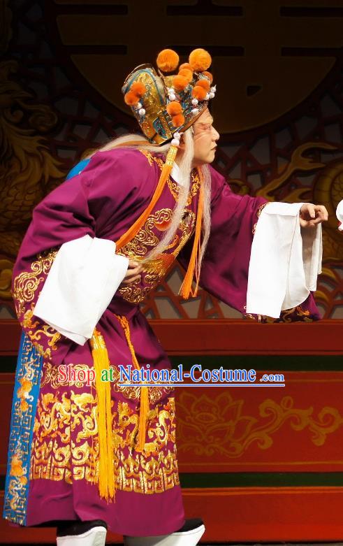 Diao Man Gong Zhu Gan Fu Ma Chinese Guangdong Opera Eunuch Apparels Costumes and Headpieces Traditional Cantonese Opera Elderly Male Garment Clown Purple Clothing