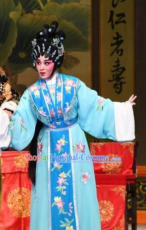 Chinese Cantonese Opera Hua Tan Garment Costumes and Headdress Traditional Guangdong Opera Actress Apparels Diva Jia Yunv Blue Dress