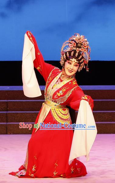 Chinese Cantonese Opera Goddess Red Garment The Lotus Lantern Costumes and Headdress Traditional Guangdong Opera Hua Tan Apparels Young Female Dress