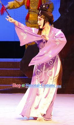 Chinese Cantonese Opera Young Female Garment The Lotus Lantern Costumes and Headdress Traditional Guangdong Opera Actress Apparels Distress Woman Purple Dress