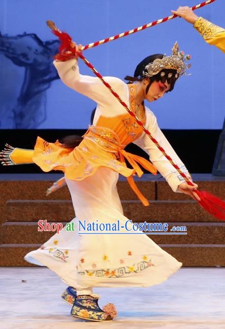 Chinese Cantonese Opera Wudan Garment The Lotus Lantern Costumes and Headdress Traditional Guangdong Opera Martial Female Apparels Goddess Ling Zhi Dress