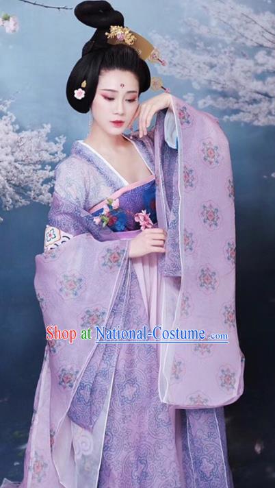 Chinese Traditional Apparels Violet Hanfu Dress Ancient Drama Tang Dynasty Imperial Concubine Historical Costumes and Headwear Complete Set