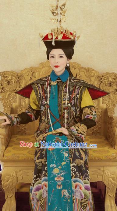 Chinese Traditional Handmade Embroidered Apparels Noble Queen Hanfu Dress Ancient Drama Qing Dynasty Imperial Empress Historical Costumes and Headwear Complete Set