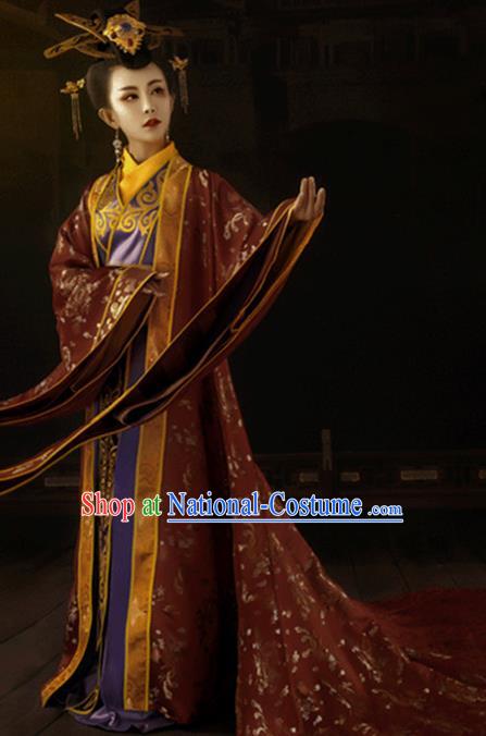 Chinese Traditional Han Dynasty Imperial Empress Historical Costumes Ancient Drama Royal Queen Hanfu Dress Apparels and Headdress for Women