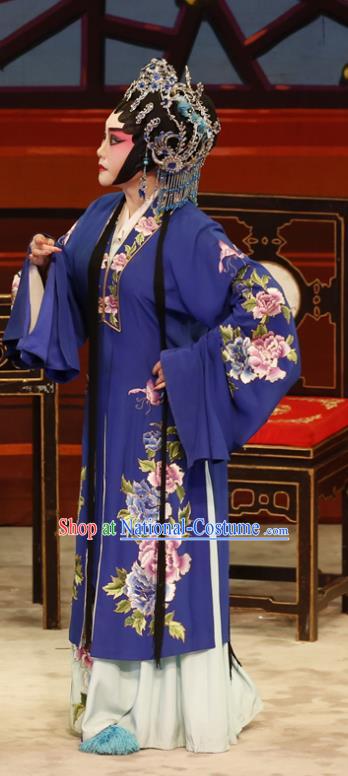 Chinese Cantonese Opera Dame Garment The Lotus Lantern Costumes and Headdress Traditional Guangdong Opera Middle Age Female Apparels Wang Guizhi Blue Dress