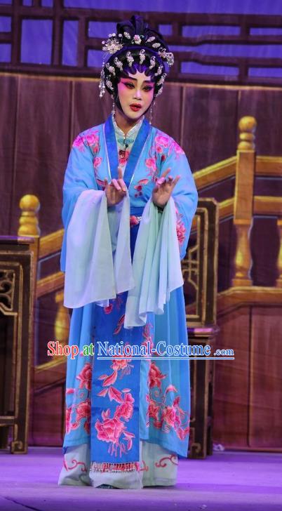 Chinese Cantonese Opera Young Female Garment Costumes and Headdress Traditional Guangdong Opera Hua Tan Apparels Diva Bai Lixiang Blue Dress