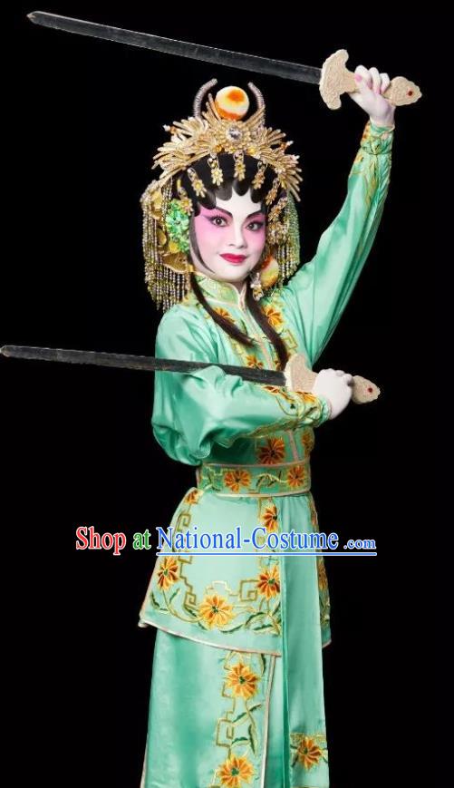 Chinese Cantonese Opera Village Girl Bai Lixiang Garment Costumes and Headdress Traditional Guangdong Opera Young Lady Apparels Martial Female Green Dress