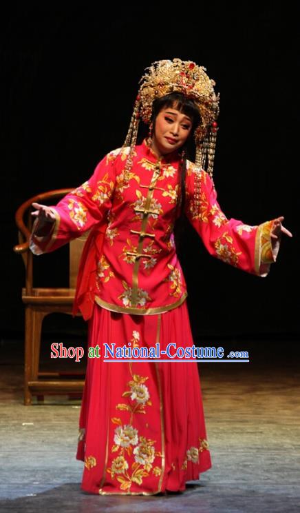 Chinese Cantonese Opera Bride Qiu Yue Garment The Watchtower Costumes and Headdress Traditional Guangdong Opera Actress Apparels Hua Tan Red Dress