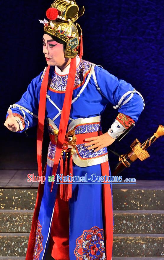 Chinese Guangdong Opera Martial Male Apparels Costumes and Headwear Traditional Cantonese Opera Wusheng Garment General Wei Tuo Blue Clothing