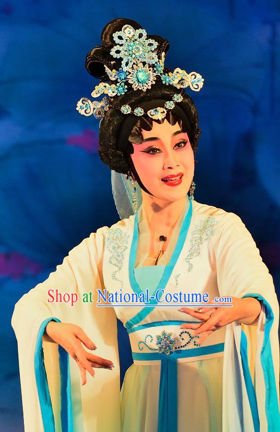 Chinese Cantonese Opera Diva Garment Costumes and Headdress Traditional Guangdong Opera Princess Miaoshan Apparels Young Female Dress