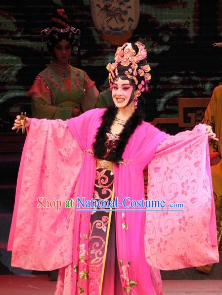 Chinese Cantonese Opera Hua Tan Garment Legend of Er Lang Costumes and Headdress Traditional Guangdong Opera Imperial Consort Da Ji Apparels Diva Rosy Dress