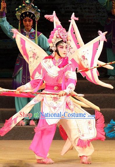 Chinese Cantonese Opera Martial Female Garment Legend of Er Lang Costumes and Headdress Traditional Guangdong Opera Mi Er Apparels Tao Ma Tan Dress with Flags