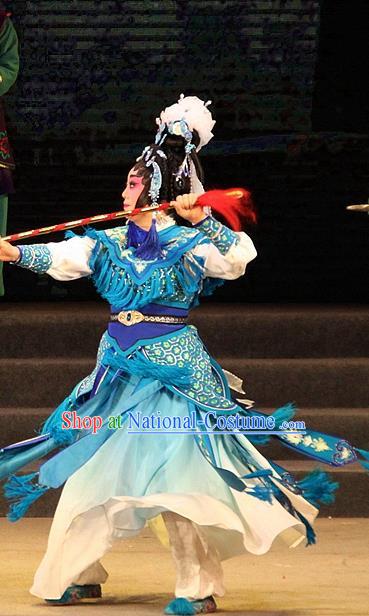 Chinese Cantonese Opera Wudan Garment Legend of Er Lang Costumes and Headdress Traditional Guangdong Opera Mi Er Apparels Martial Female Blue Dress