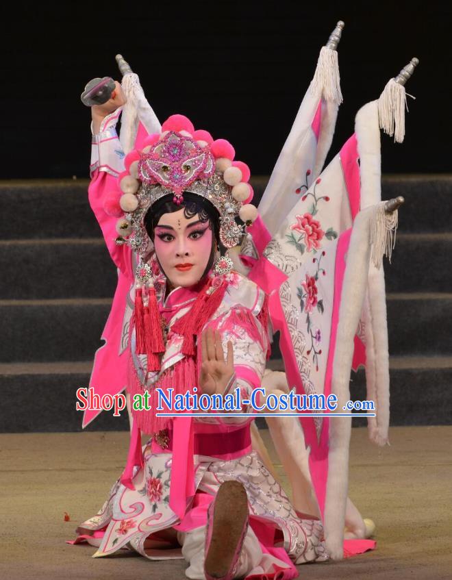 Chinese Cantonese Opera Tao Ma Tan Garment Legend of Er Lang Costumes and Headdress Traditional Guangdong Opera Mi Er Apparels Female General Dress with Flags