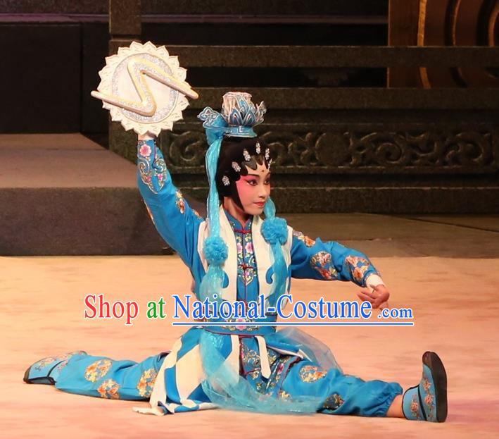 Chinese Cantonese Opera Martial Female Garment Yu Huang Deng Dian Costumes and Headdress Traditional Guangdong Opera Swordswoman Apparels Wudan Blue Dress