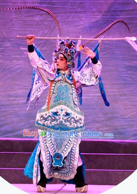 Chinese Guangdong Opera General Apparels Costumes and Headwear Traditional Cantonese Opera Military Officer Garment Kao Clothing with Flags