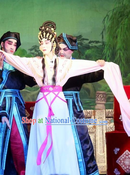 Chinese Cantonese Opera Diva Qiu Chan Garment The Mad Monk by the Sea Costumes and Headdress Traditional Guangdong Opera Actress Apparels Young Lady Dress