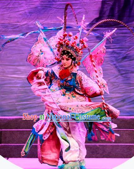 Chinese Cantonese Opera Tao Ma Tan Garment Costumes and Headdress Traditional Guangdong Opera Female General Apparels Dress with Flags