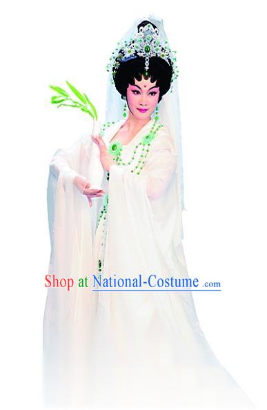 Chinese Cantonese Opera Princess Miaoshan Garment Costumes and Headdress Traditional Guangdong Opera Goddess Apparels Guanyin Bodhisattva Dress