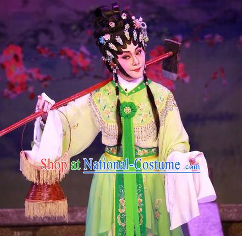 Chinese Cantonese Opera Diva Lin Daiyu Garment Costumes and Headdress Traditional Guangdong Opera Hua Tan Apparels Actress Green Dress