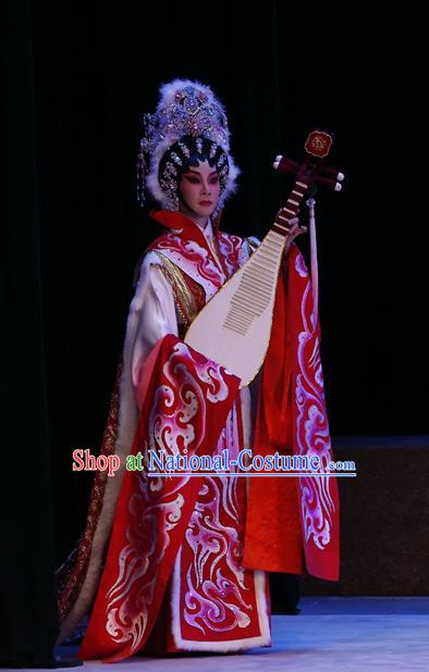 Chinese Cantonese Opera Hua Tan Garment Zhaojun Frontier Song Costumes and Headdress Traditional Guangdong Opera Young Beauty Apparels Queen Red Dress