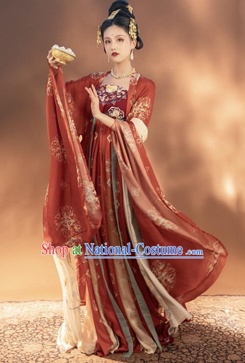 Chinese Traditional Tang Dynasty Court Woman Historical Costumes Ancient Imperial Consort Red Hanfu Dress Apparels Complete Set