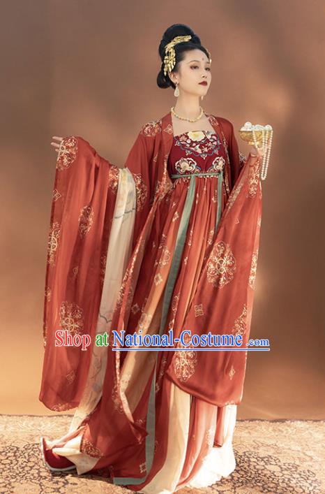 Chinese Traditional Tang Dynasty Court Woman Historical Costumes Ancient Imperial Consort Red Hanfu Dress Apparels Complete Set