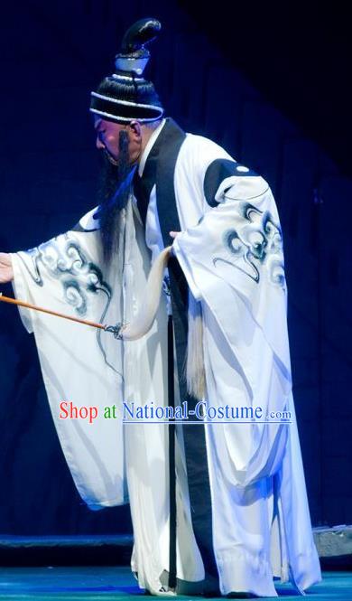 King of Qin Meng Jiang Chinese Guangdong Opera Elderly Male Apparels Costumes and Headwear Traditional Cantonese Opera Laosheng Garment Taoist Priest Clothing