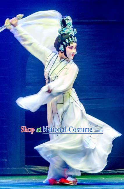 Chinese Cantonese Opera Swordswoman Garment King of Qin Meng Jiang Costumes and Headdress Traditional Guangdong Opera Wudan Apparels Martial Female Dress