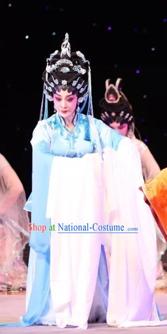 Chinese Cantonese Opera Goddess Zhi Nv Garment Milky Way Lovers Costumes and Headdress Traditional Guangdong Opera Actress Apparels Young Female Blue Dress