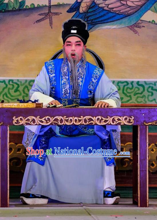 San Xiao Yin Yuan Chinese Guangdong Opera Elderly Male Apparels Costumes and Headwear Traditional Cantonese Opera Laosheng Garment Old Teacher Clothing