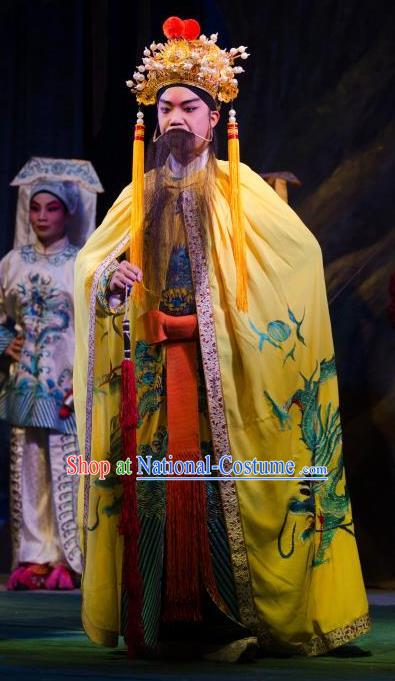 Chinese Guangdong Opera Elderly Male Apparels Costumes and Headwear Traditional Cantonese Opera Monarch Garment Emperor Clothing