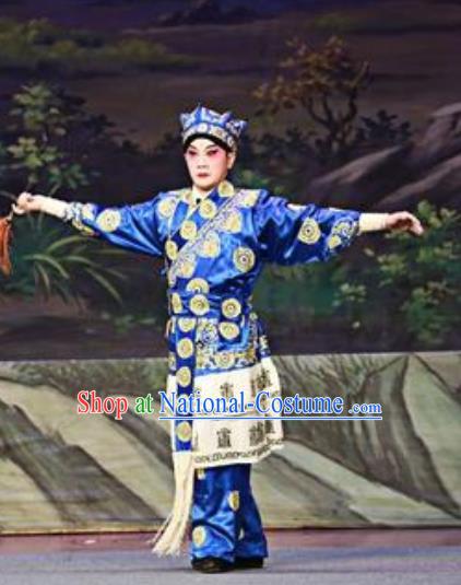 Chinese Guangdong Opera Wusheng Apparels Costumes and Headwear Traditional Cantonese Opera Martial Male Garment Blue Clothing