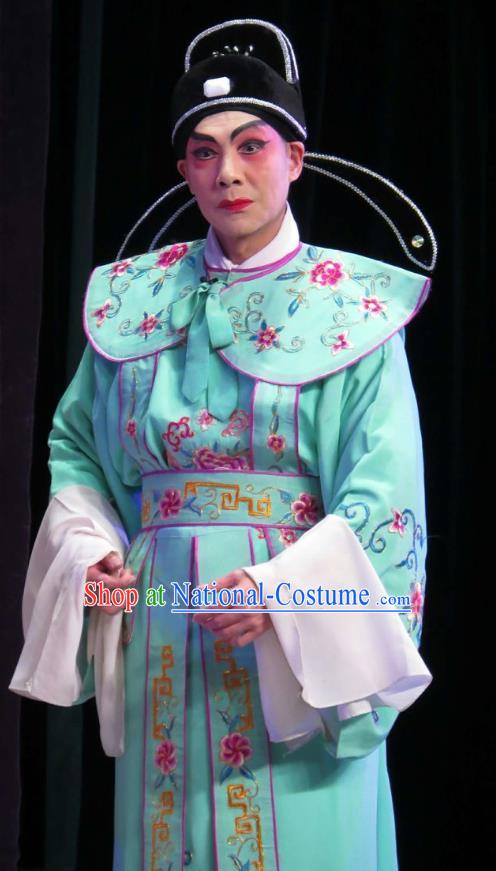 Wu Nv Bai Shou Chinese Guangdong Opera Young Male Apparels Costumes and Headwear Traditional Cantonese Opera Childe Garment Xiaosheng Green Clothing